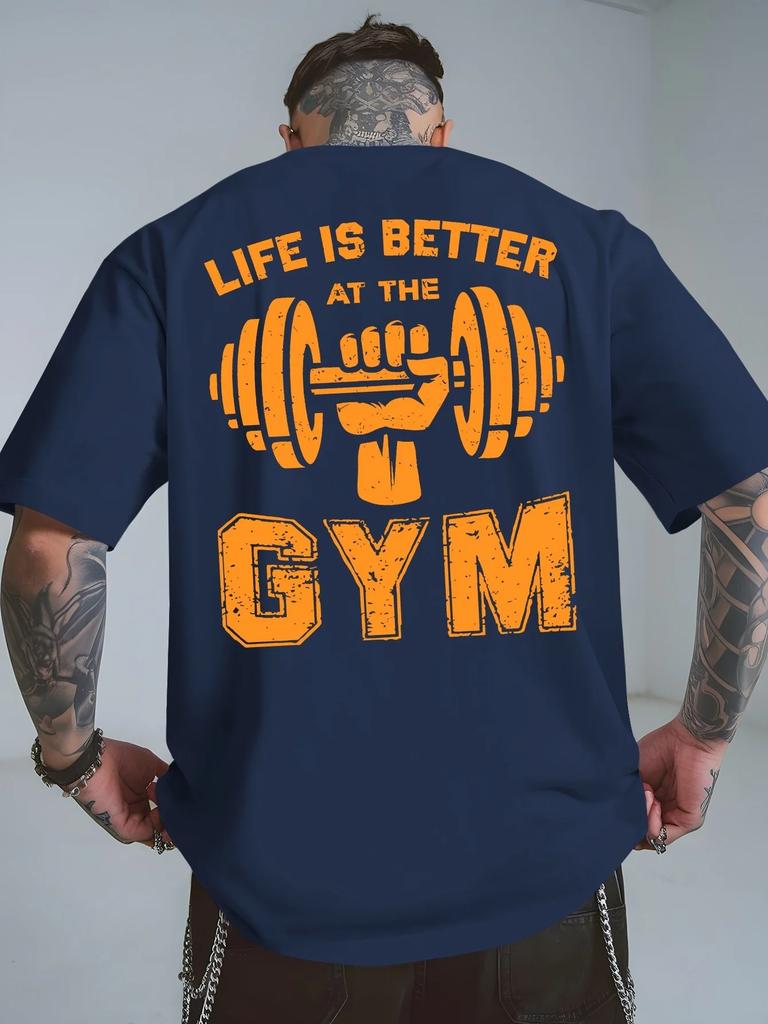 Oversized Short-Sleeve T-Shirt Featuring Vintage Distressed Graphic Print with the Phrase "LIFE IS BETTER AT THE GYM" and a Bold Illustration