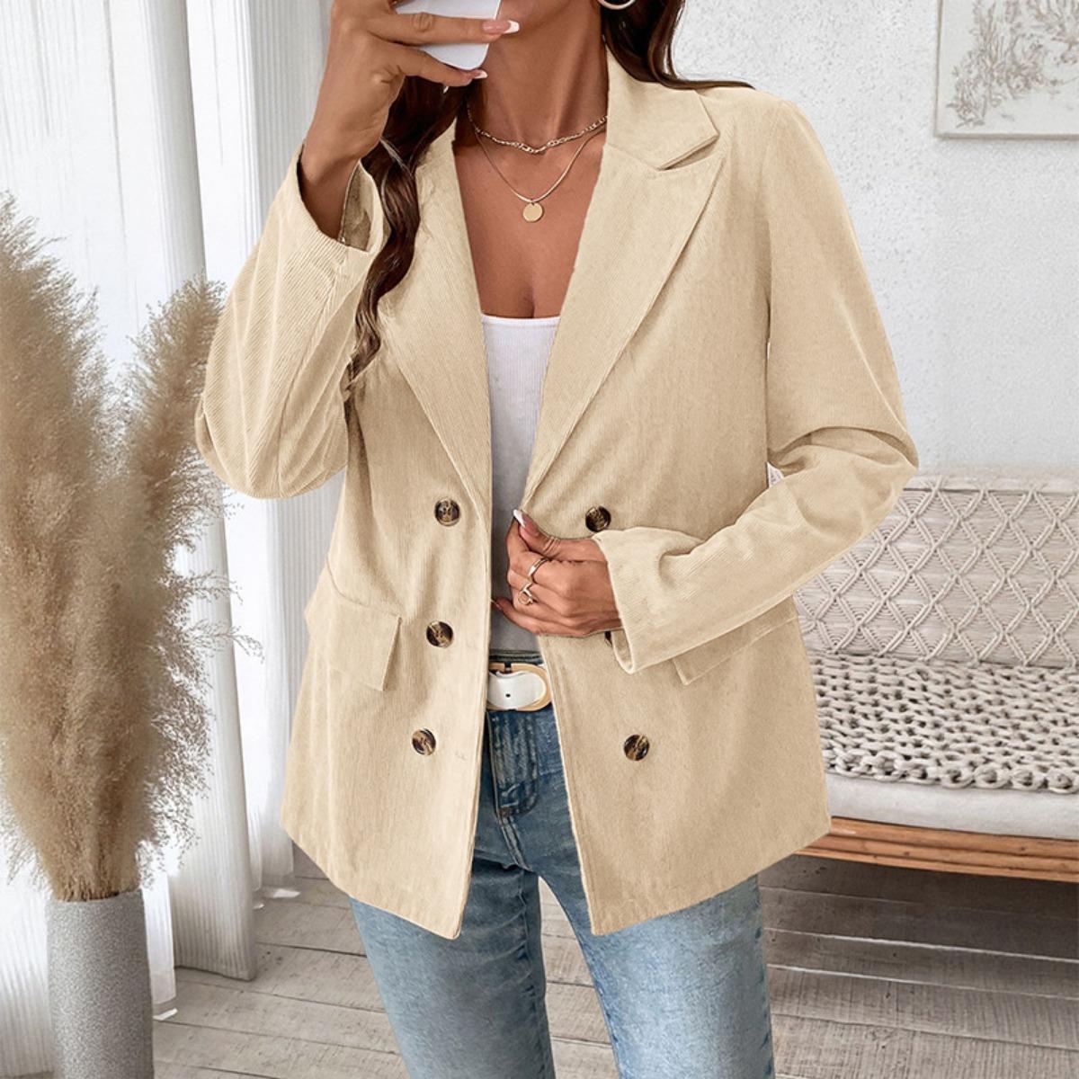 

2025 Autumn Winter Women s Solid Color Corduroy Blazer Coat Fashion Outerwear for Europe America XL абрикосовый