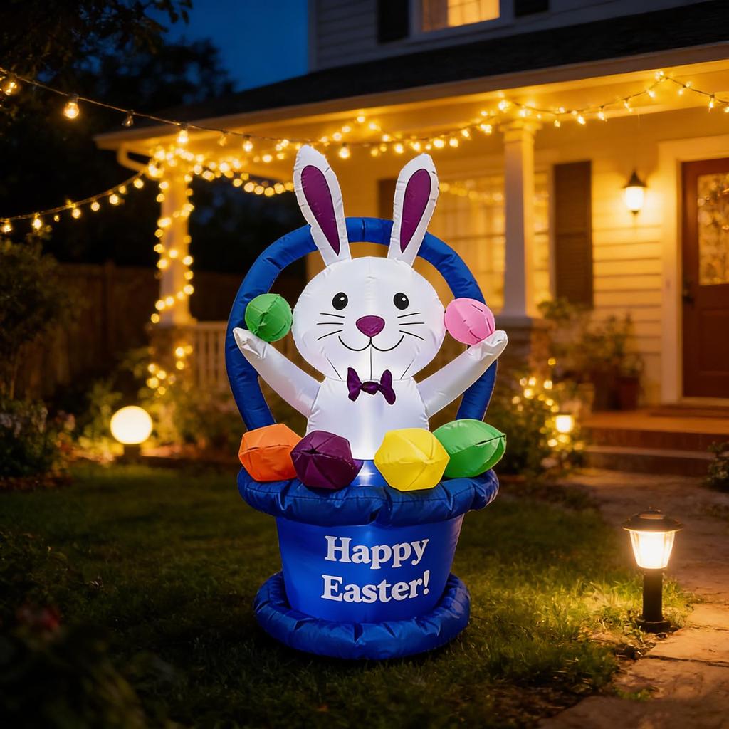 1.2-meter Inflatable Easter Egg, Flower Basket, And Bunny Model; Outdoor Holiday Decoration With LED Lights; Patio Ornament.