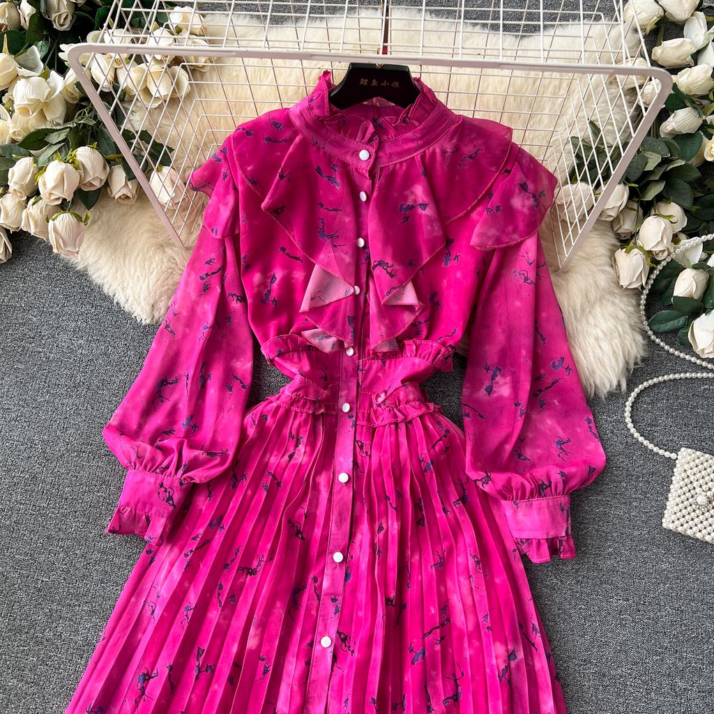Autumn Women Vintage Printed Pleated Long Dress Female Red/Green/Blue/Yellow Draped Ruffle Single Breasted Maxi Robe Vacation Dresses