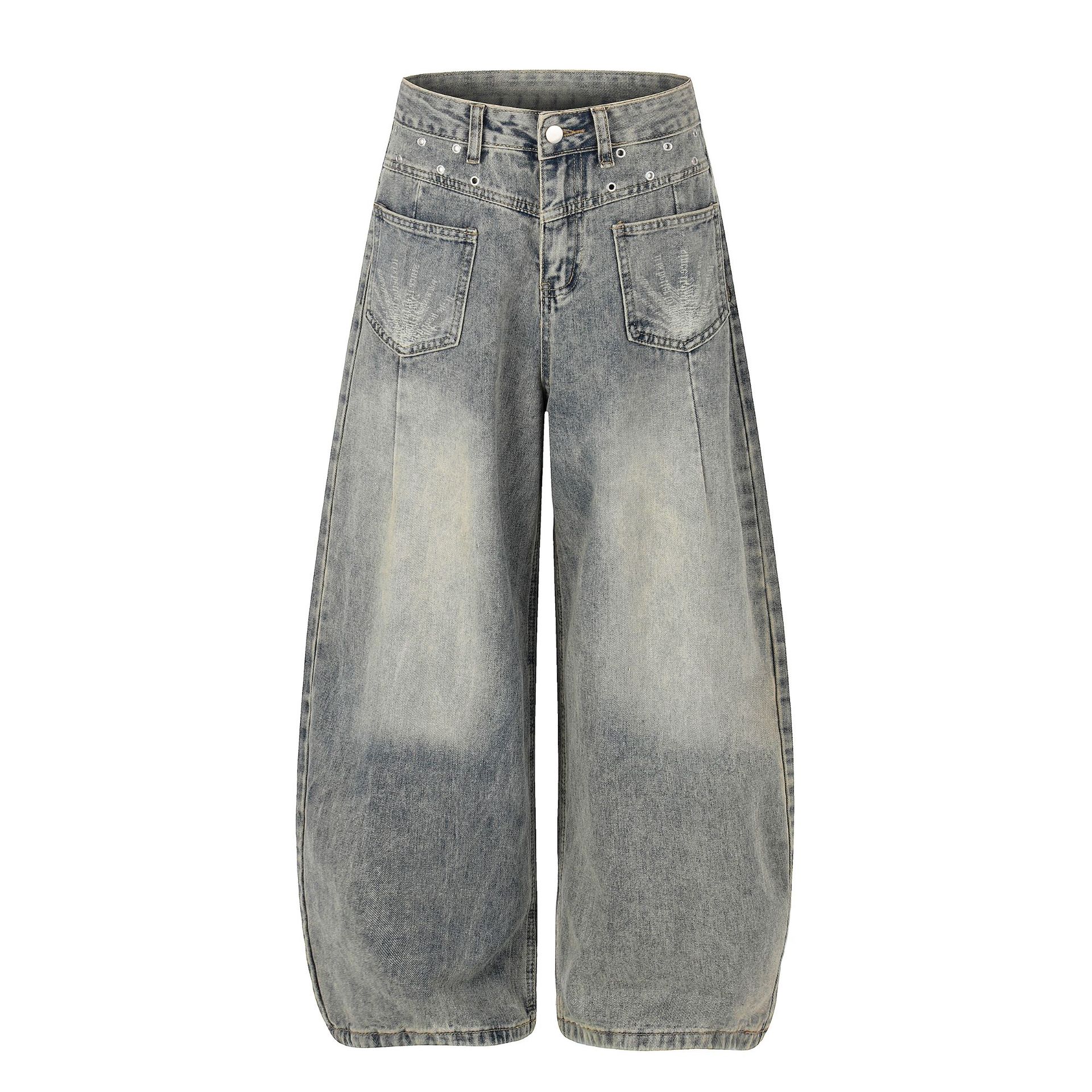 European, American trendy brand scimitar pants retro washed jeans personalized fashionable wide-leg pants men S
