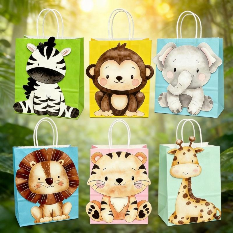 Pack Of 6 Jungle Themed Paper Gift Bags With Sturdy Handles For Childrens Birthday Parties And Special Event