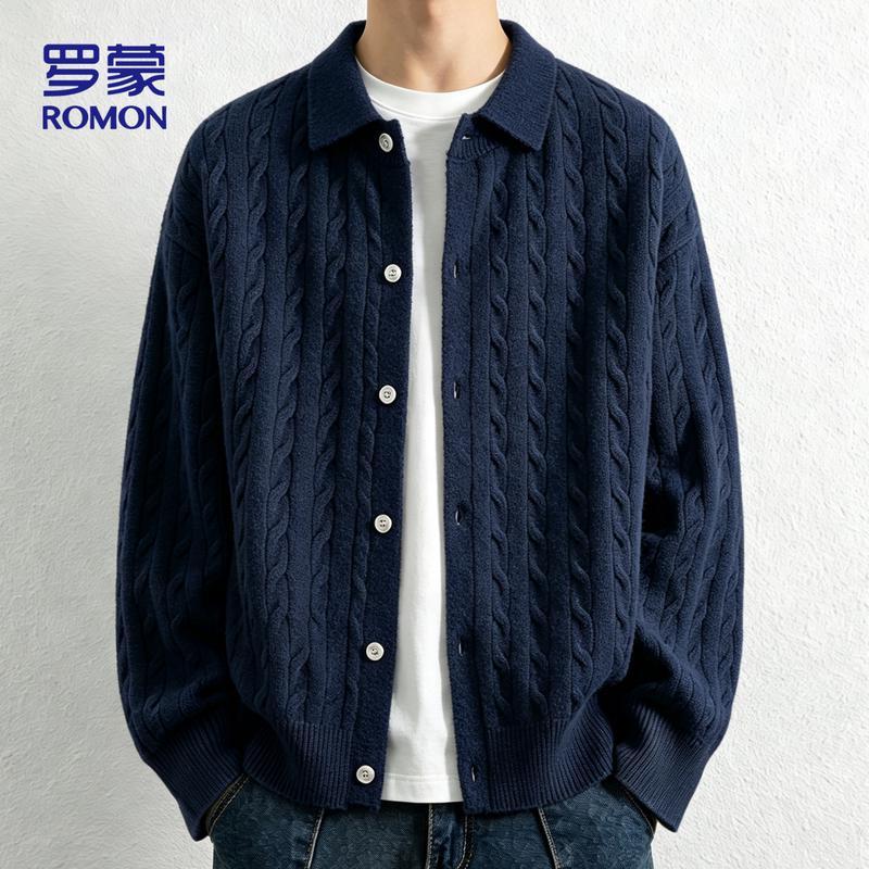 ROMON Men's Old Money Style Lapel Knitted Cardigan