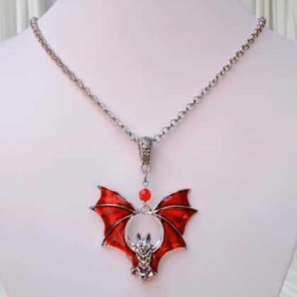Gothic Bat Pendant Necklace, Vintage Style, Black & Red Charm Necklace, Original Designer Necklace