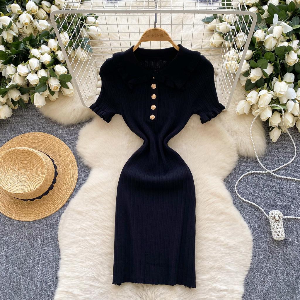 French retro doll collar short-sleeved waist knitted dress women's summer thin temperament tight hip-wrapped sweater skirt