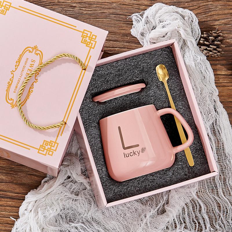 Cute cup gift set, ceramic water cup with lid and spoon, practical gift for customers, mug gift box