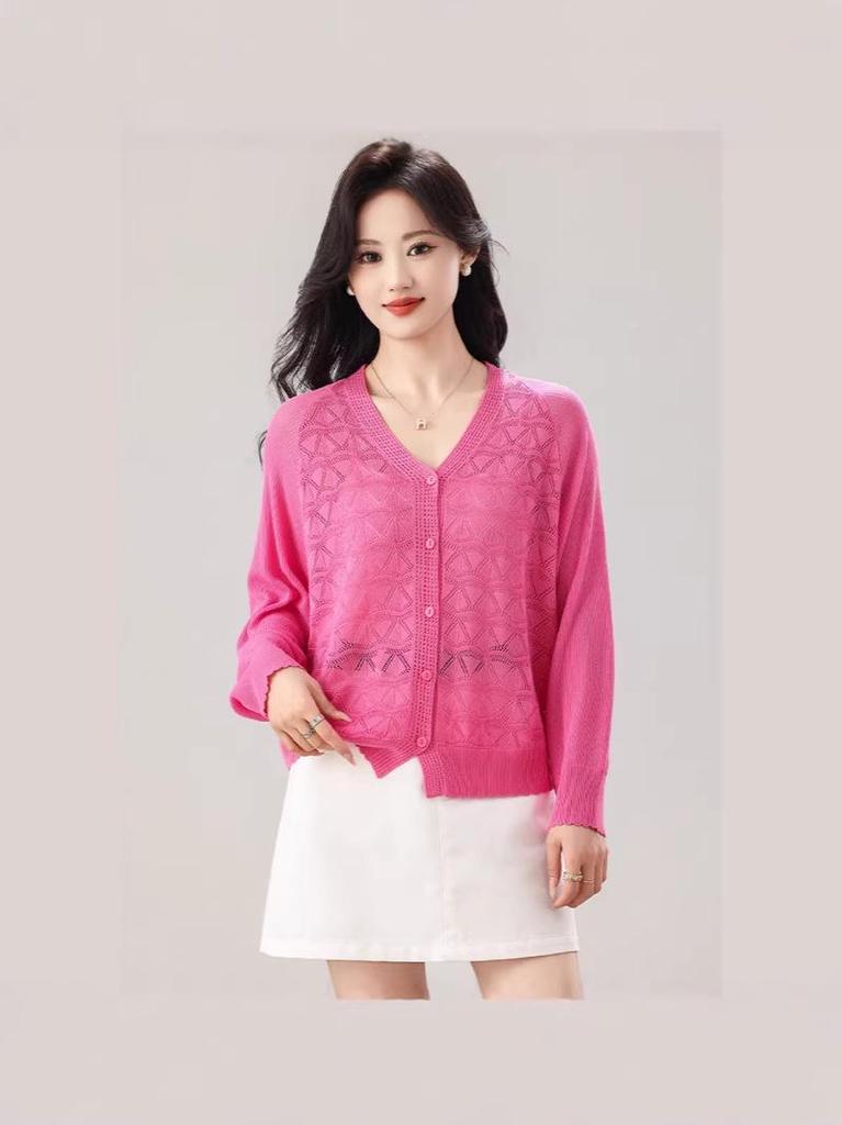 2026 Plus Size Women's Knit Cardigan: Tencel, Hollow Out, Single-Breasted, Solid Color, Korean Style for Spring & Autumn