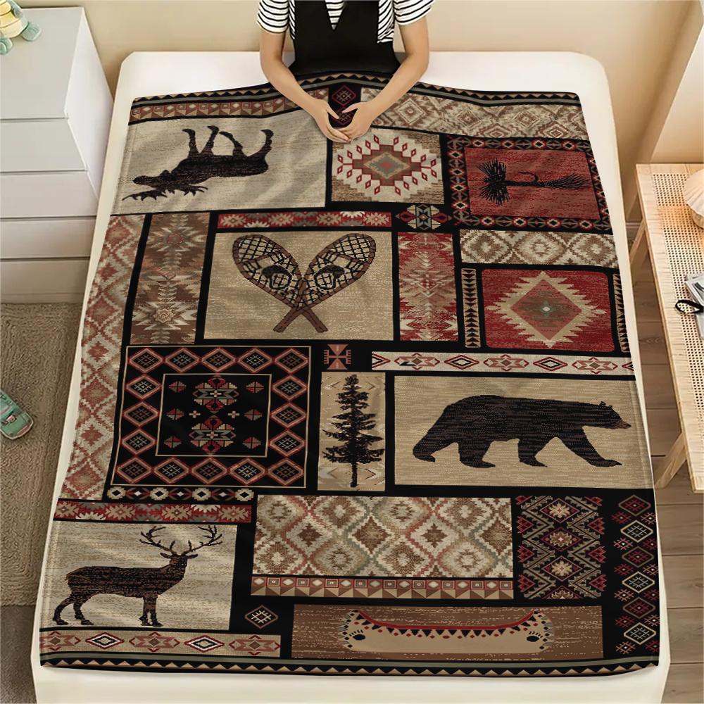 1Pc Cabin Wildlife Print Flannel Blanket, High Quality Comfortable for All Seasons, Home Decor, Warmth and Comfort, Perfect for Gifts