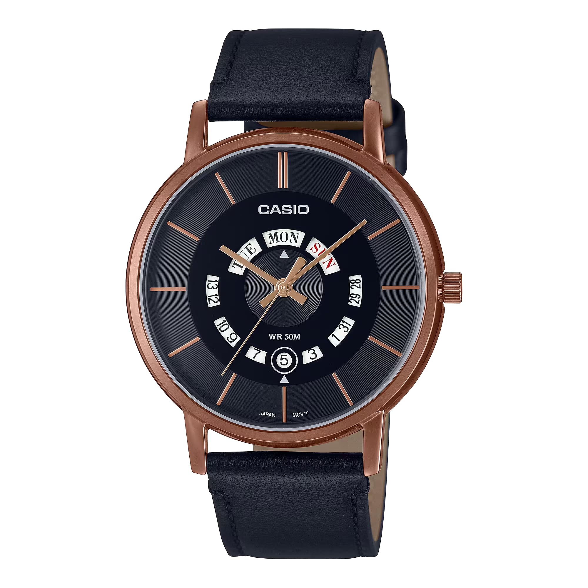 CASIO Standard Analog Watch Simple Business Watch with Leather Japanese Black and Rose Gold Day-Date Men s MTP-B135RL-1A, Day/Date Calendar, Strap, чёрный