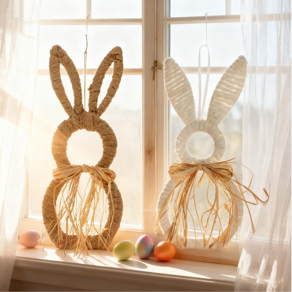47*20cm Easter Bunny Wreath With Flowers, Bunny Shaped Pendant, Front Door Decoration