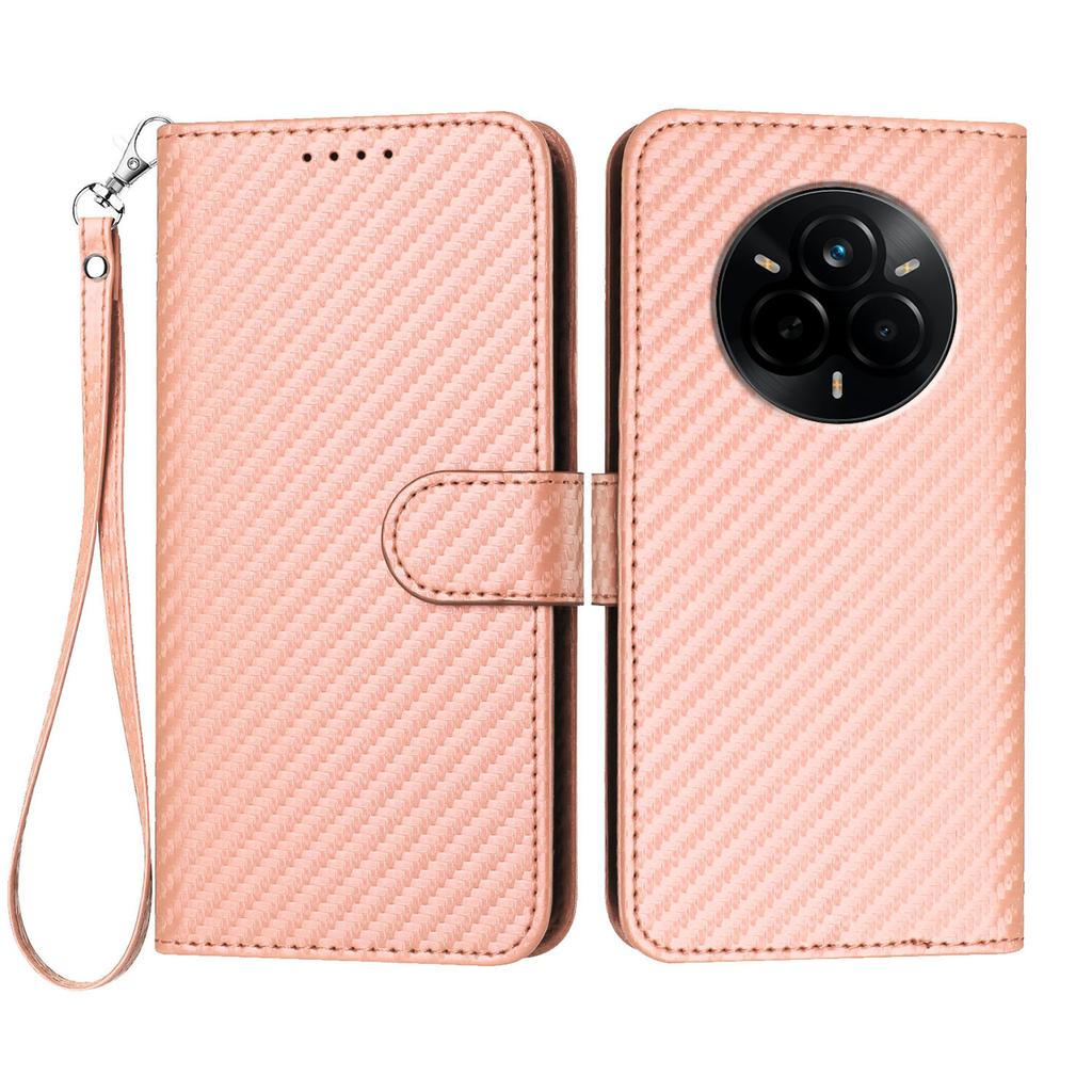 For Realme 14 Pro 5G Wallet Case with Strap Carbon Fiber Texture Leather Mobile Cover