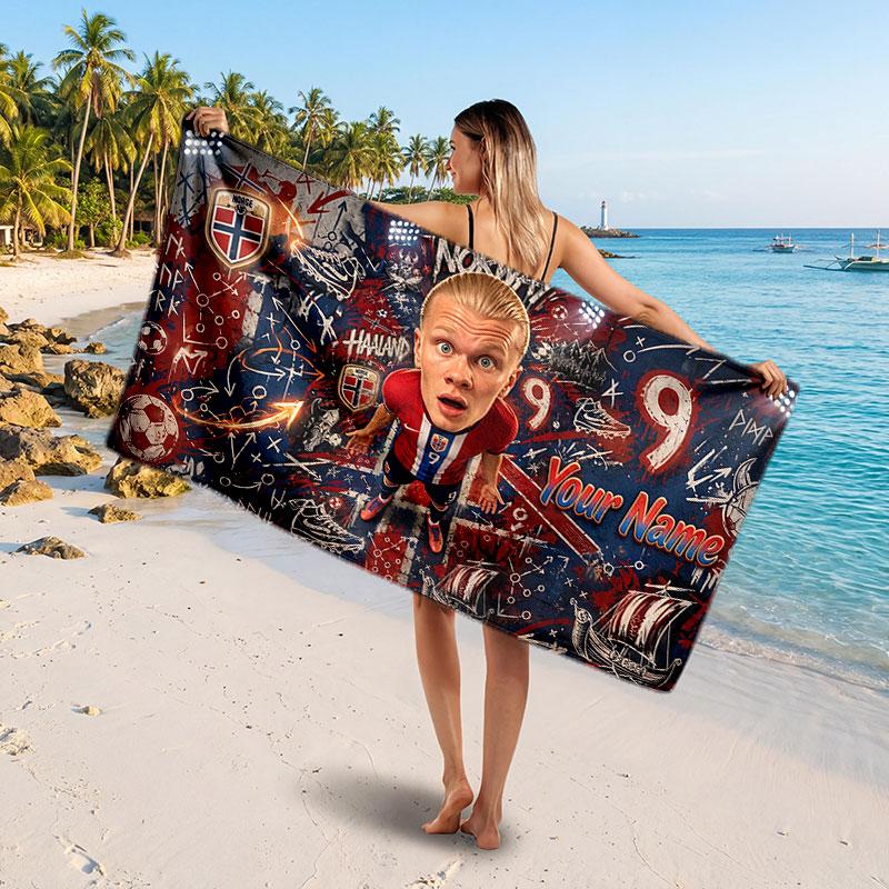 Erling Haaland Benutzerdefiniertes Strandtuch, Personalisierter Namens-Textdruck, Fußball-Logo Weiches Schnelltrocknendes Handtuch Urlaubsgeschenk