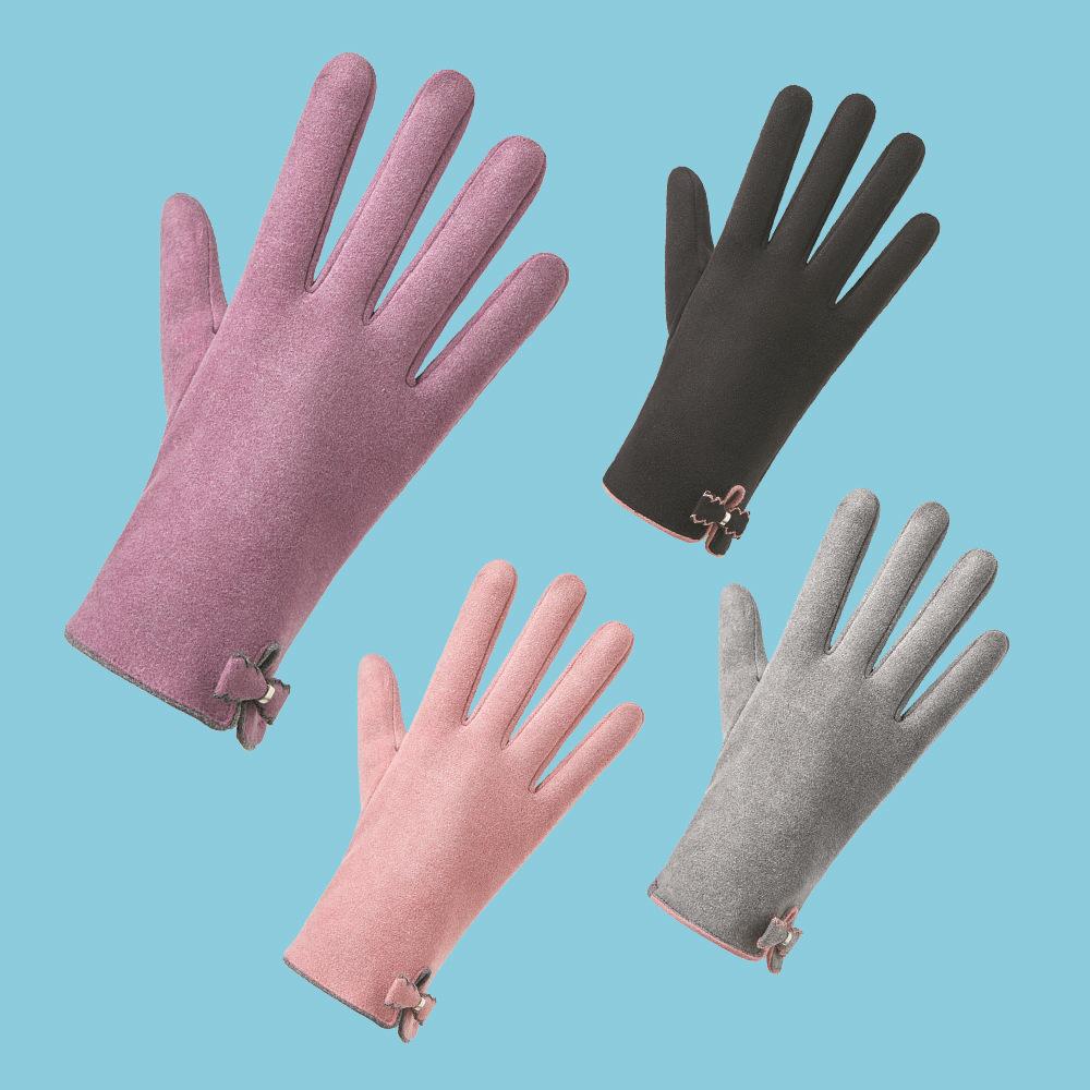 Warm Gloves for Autumn and Winter Women's Cute Bow Plus Velvet Thickened German Velvet Electric Vehicle Cold Proof Touch Screen Gloves