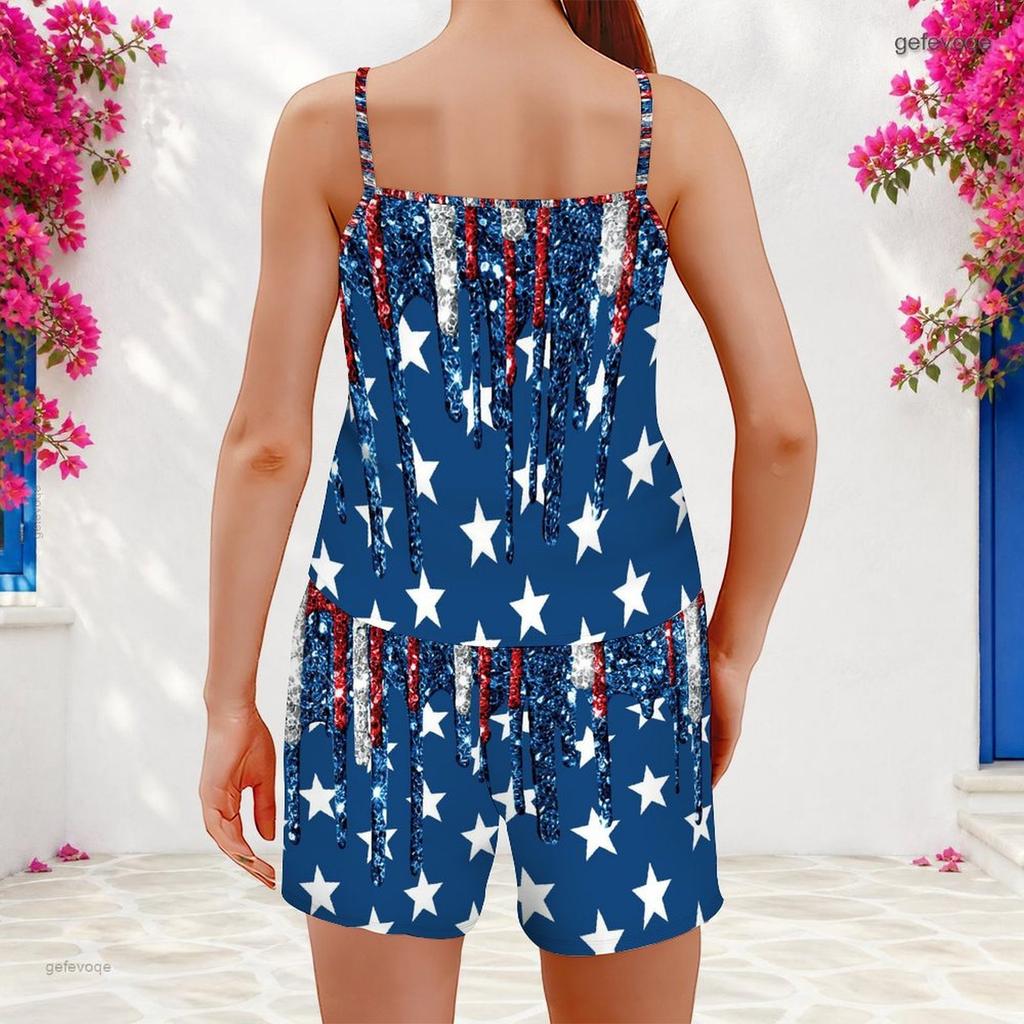 Women Plus Size Camouflage Leaf Printed Scoop Neck Strappy Tank Top Shorts Two Piece Set