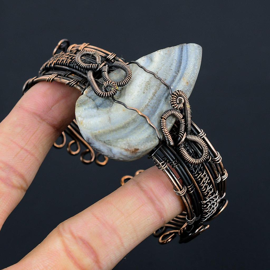 Desert Rose Druzy Pure Copper Wire Wrapped Handmade Jewelry Bangle Bracelet Adjustable For Her