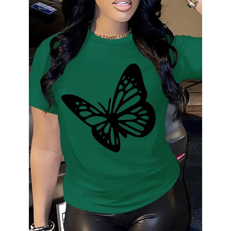 Women'S Casual Crew Neck T-Shirt with Butterfly Print, 100% Polyester Knit Fabric, Breathable & Comfortable, All-Season Short Sleeve Tee for Spring