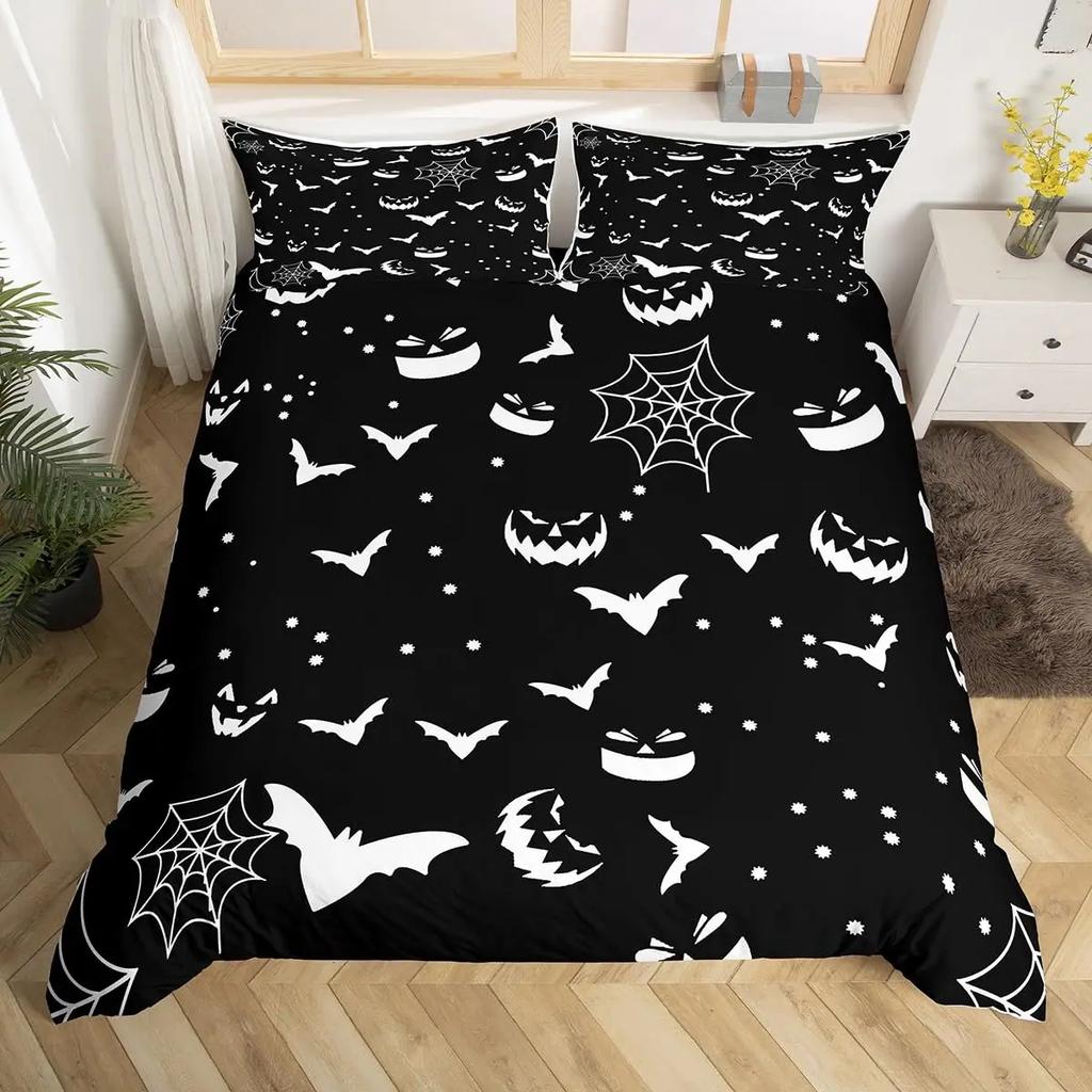 Spooky Dark Bats Duvet Cover Halloween Decoration Glitter Stars Moon Galaxy Bedding Set Cartoon Bat Gothic Comforter Cover Queen