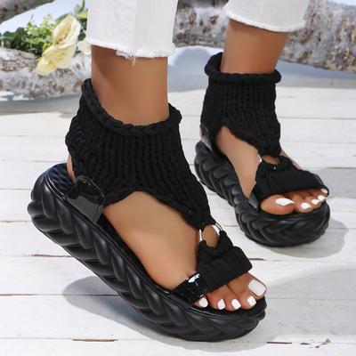 Sandals Women Summer Women Fashion Sexy Beach Wear Flat Shoes Solid Color Braided Knit O-Ring Cutout Platform Sandals