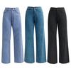 Women Jeans High Waist Zipper Button Closure Solid Color Slim Fit Wide Leg Retro Straight Pockets Soft Colorfast Lady Full Length Denim Pants
