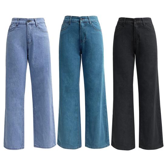 Women Jeans High Waist Zipper Button Closure Solid Color Slim Fit Wide Leg Retro Straight Pockets Soft Colorfast Lady Full Length Denim Pants