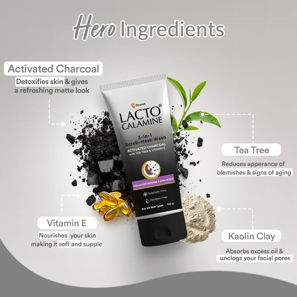 Lacto Calamine 3-in-1 Charcoal Face Scrub Mask Wash 100 ml Multi-Action Detox Cleanser for Clear Skin
