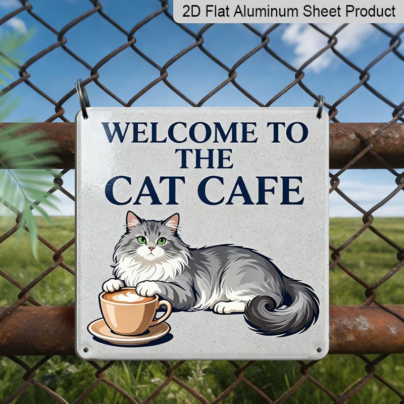 2D Flat, 1pc Vintage Cat Cafe Metal Sign - Welcome To Cat Cafe with Paw Print & Kitten Design - Rustic Wall Art for Outdoor, Pet-Friendly Decoration
