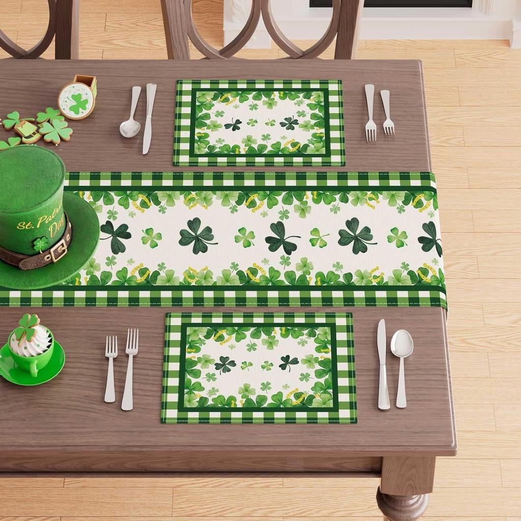 4/6pcs Green Plaid Four-Leaf Clovers Shamrocks Horseshoes St. Patrick's Day Placemats for Party Home Kitchen Dining Table Decora