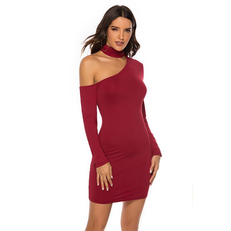 Women Fashion Nightclub Dress Party Slanting Shoulder Dress Sexy Long Sleeve Dress