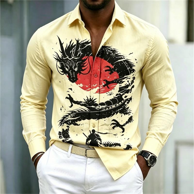 2026 New Men's Shirt White Black Red Contrast Dragon Pattern Shirt Street Style Fashion Casual Business Long Sleeve Men's Wear