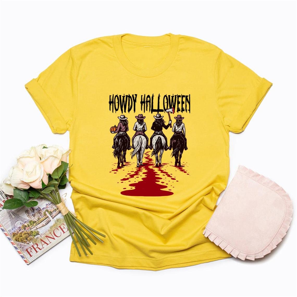 

Howdy Halloween T-shirt Western Halloween Girls T-Shirt Vintage Short Sleeve Women s Tshirt Funny Cowgirl Tee Streetwear Tops S жовтий