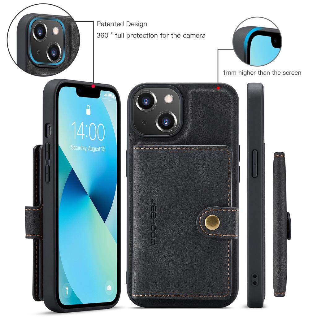 For iPhone 14 Plus Case JEEHOOD J01 Retro Leather Phone Back Cover with Detachable Magnetic Card Holder