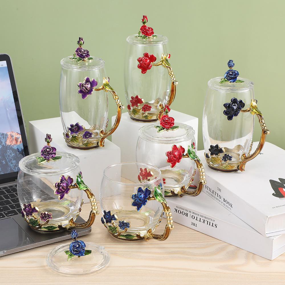 Home Heat Resistant Glass Cup Creative Enamel Water Cup Crystal Flower Tea Cup Gift Cup Set Glass Water Cup