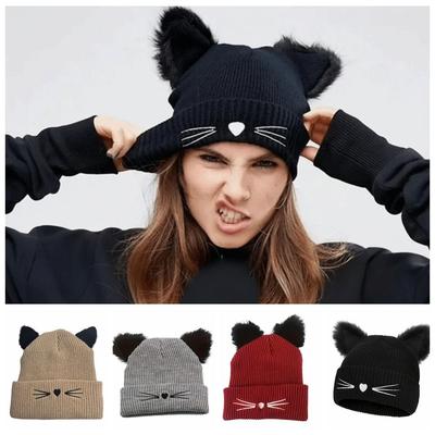 Wool Knitted Pullover Hat Warm Cold Hat Sweet Cat Ears Beanies  Apparel Accessories