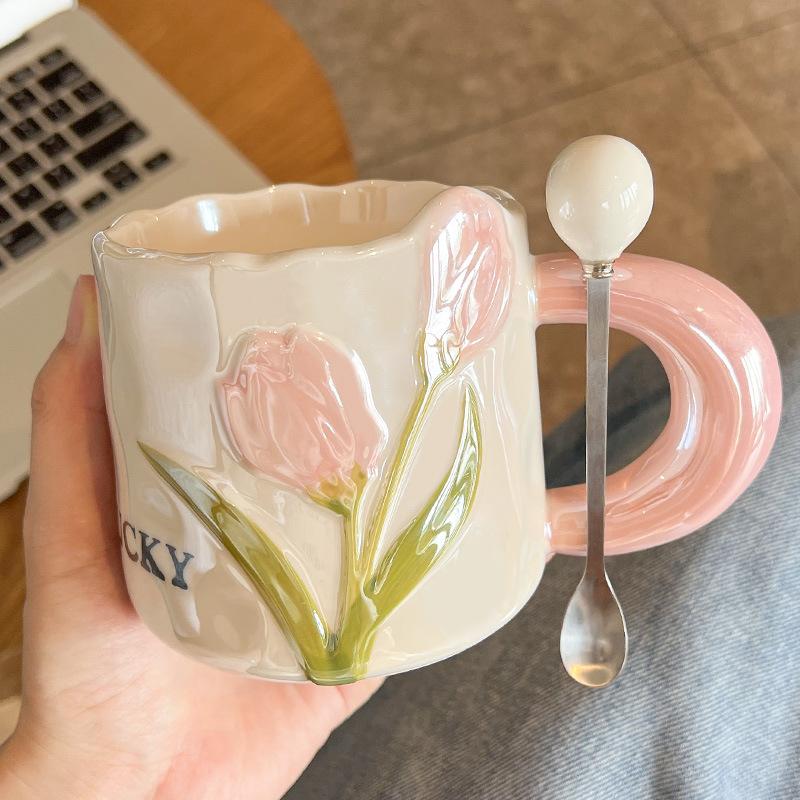 Tulip ceramic mug high value cup girls souvenir practical water cup office coffee cup with spoon