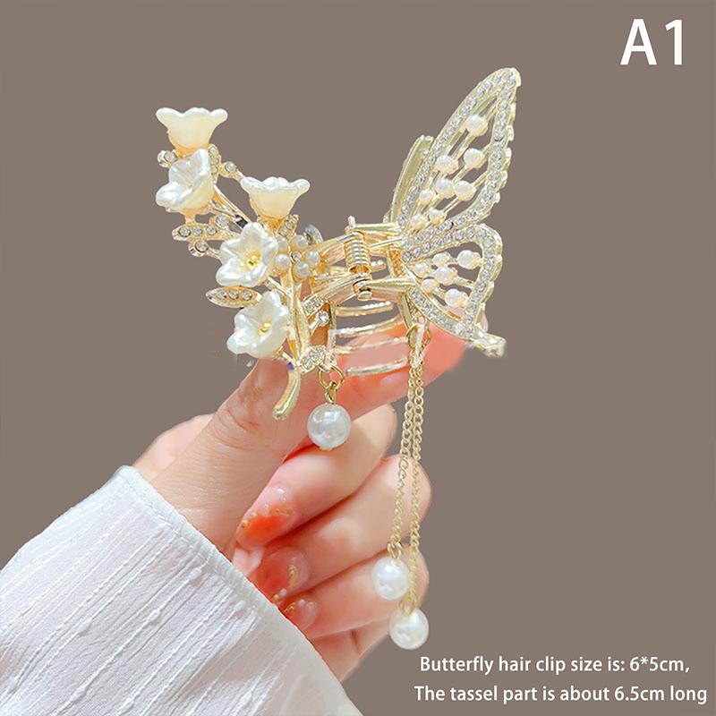 

Заколка-краб для волос с кисточкой-бабочкой и жемчугом, красная заколка для волос с цветком для девочек, зажим для волос для хвостика, женские модные аксессуары, подарки