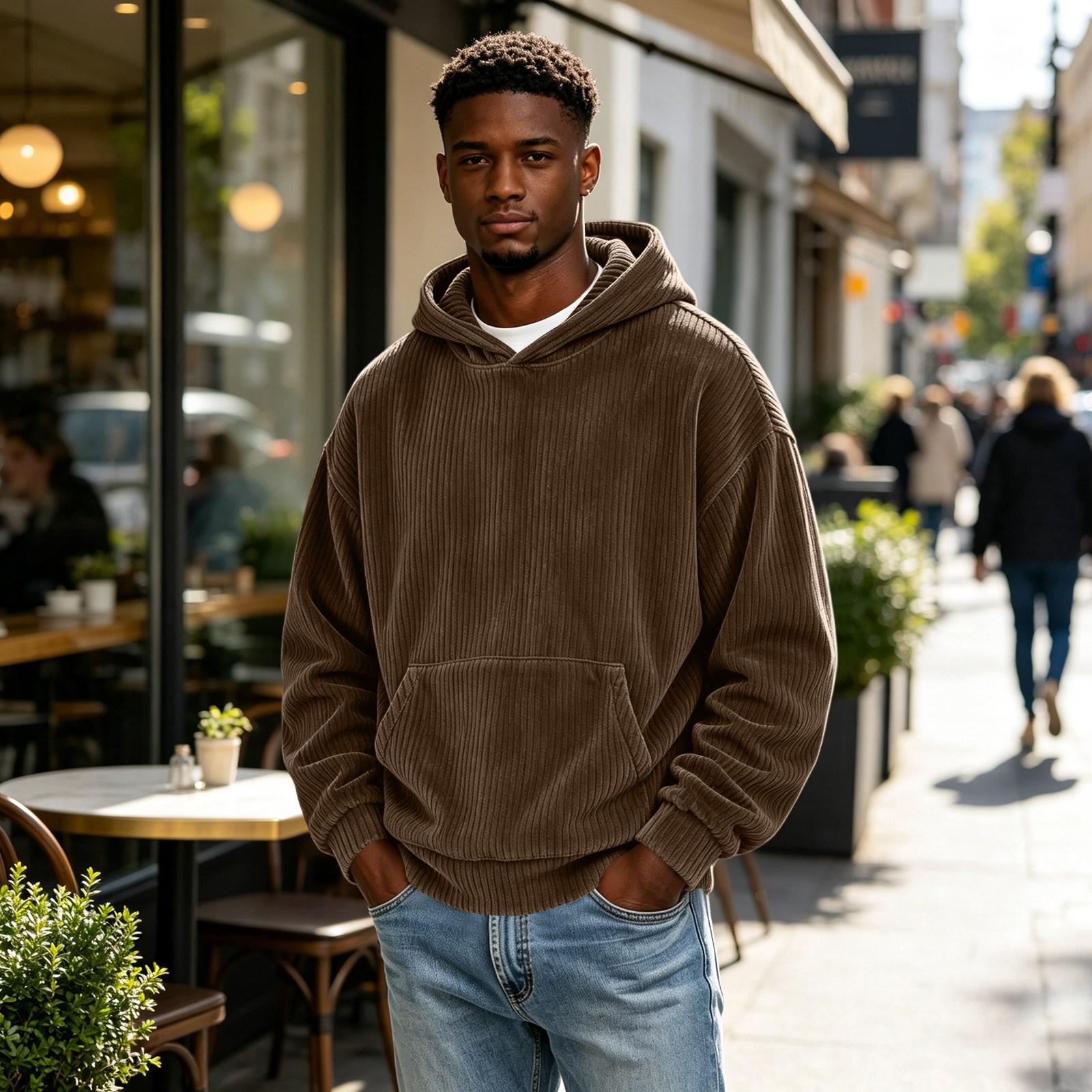Herren Cord Kapuzenpullover Langarm Farbe Pullover mit Tasche und überschnittenen Schultern XXXL kaffeebraun