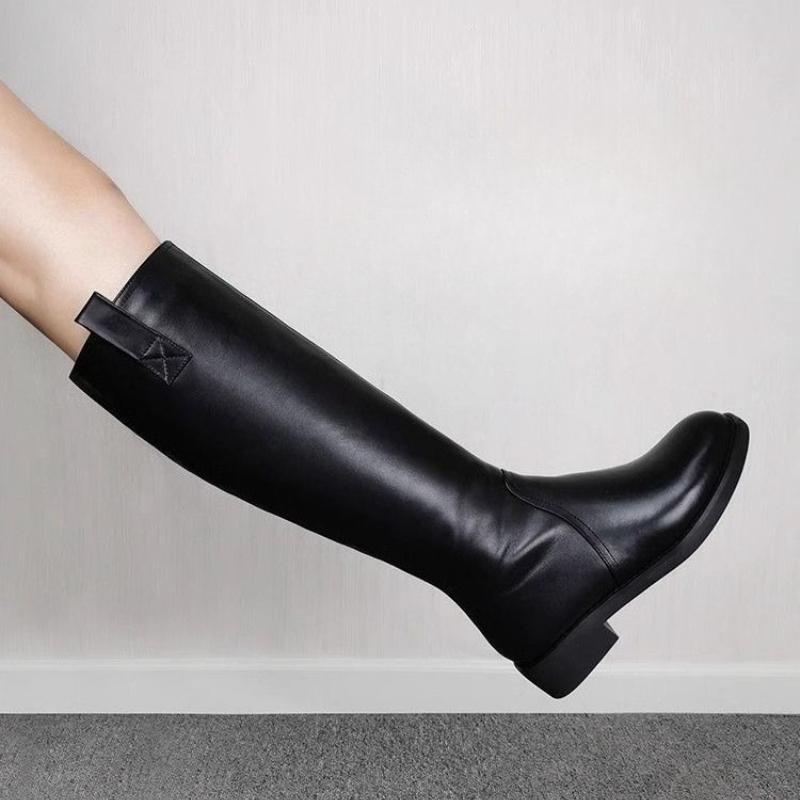 

Элегантные женские сапоги до колена из черной кожи на среднем каблуке, осенне-зимние, на флисовой подкладке, с круглым носком, новинка в женских сапогах 40