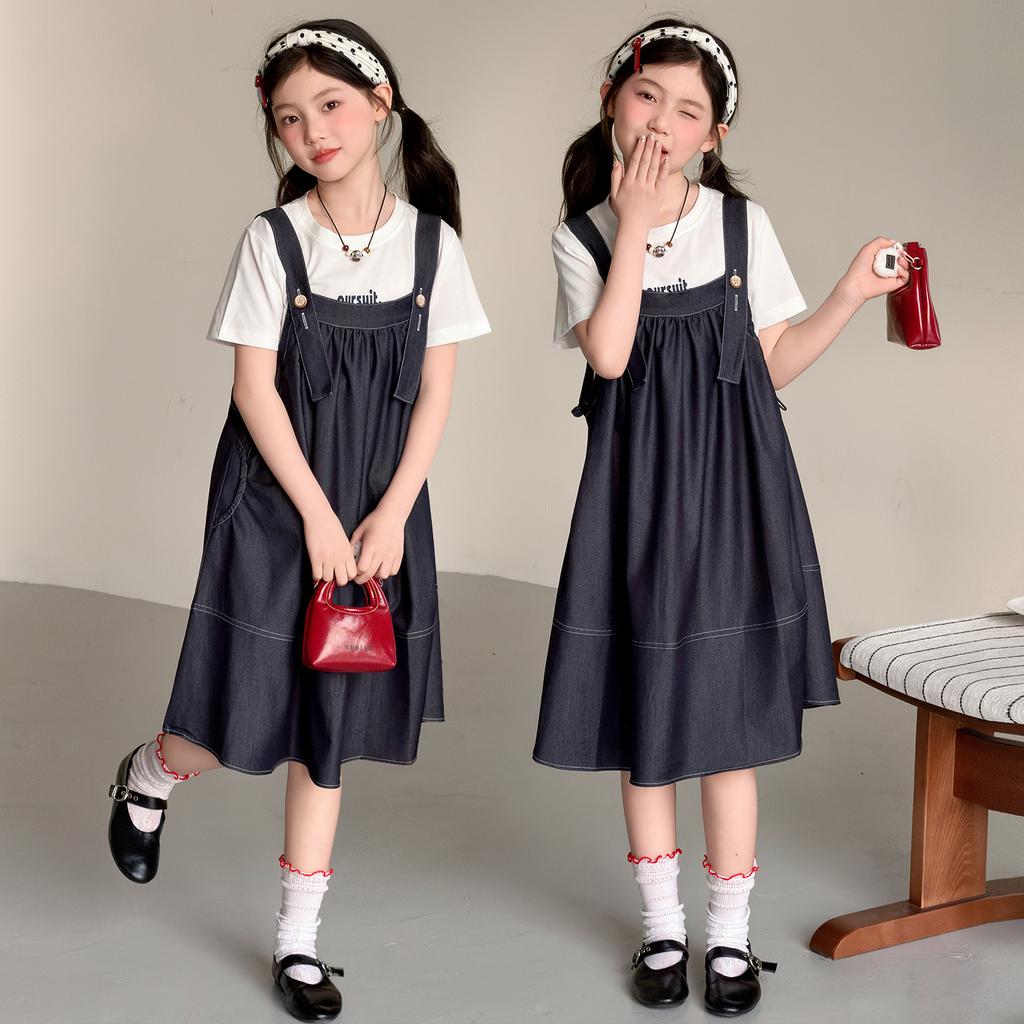 Girls' Summer Dress 2026 New Style Children's Stylish Medium and Large Girls' Summer Dress Cowboy Strap Skirt Two Piece Set