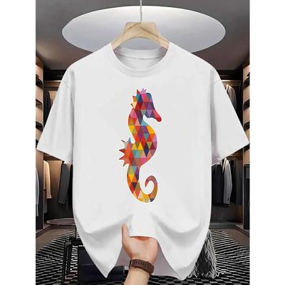 Seepferdchen Herren Baumwoll T-Shirt Geometrisches Polygon Farbmuster Reine Baumwolle Premium Druck Langlebig Lässig Mode