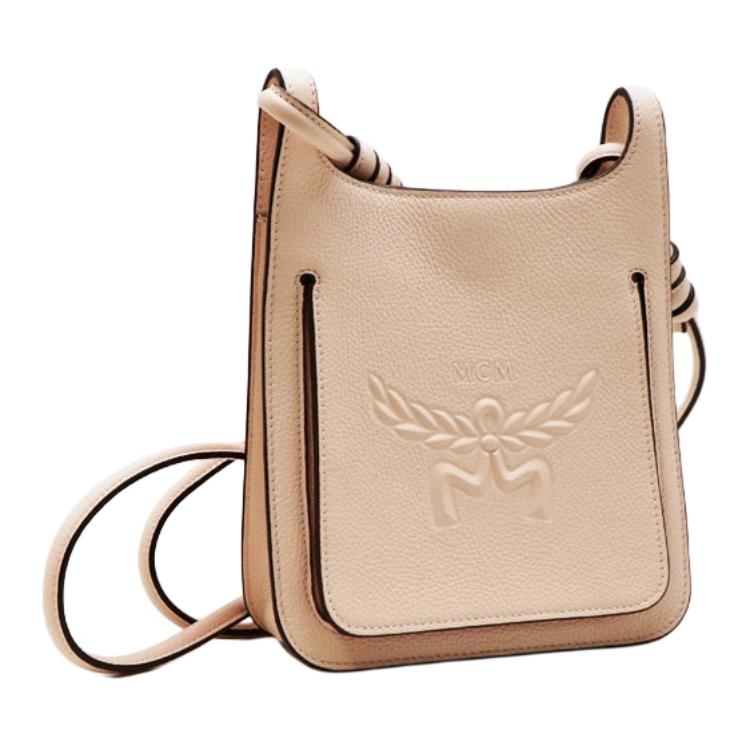 

MCM Light Beige Pebbled Leather Vertical Crossbody Bag with Embossed Logo for Daily Use Basic Set (Bag+Dust Bag)