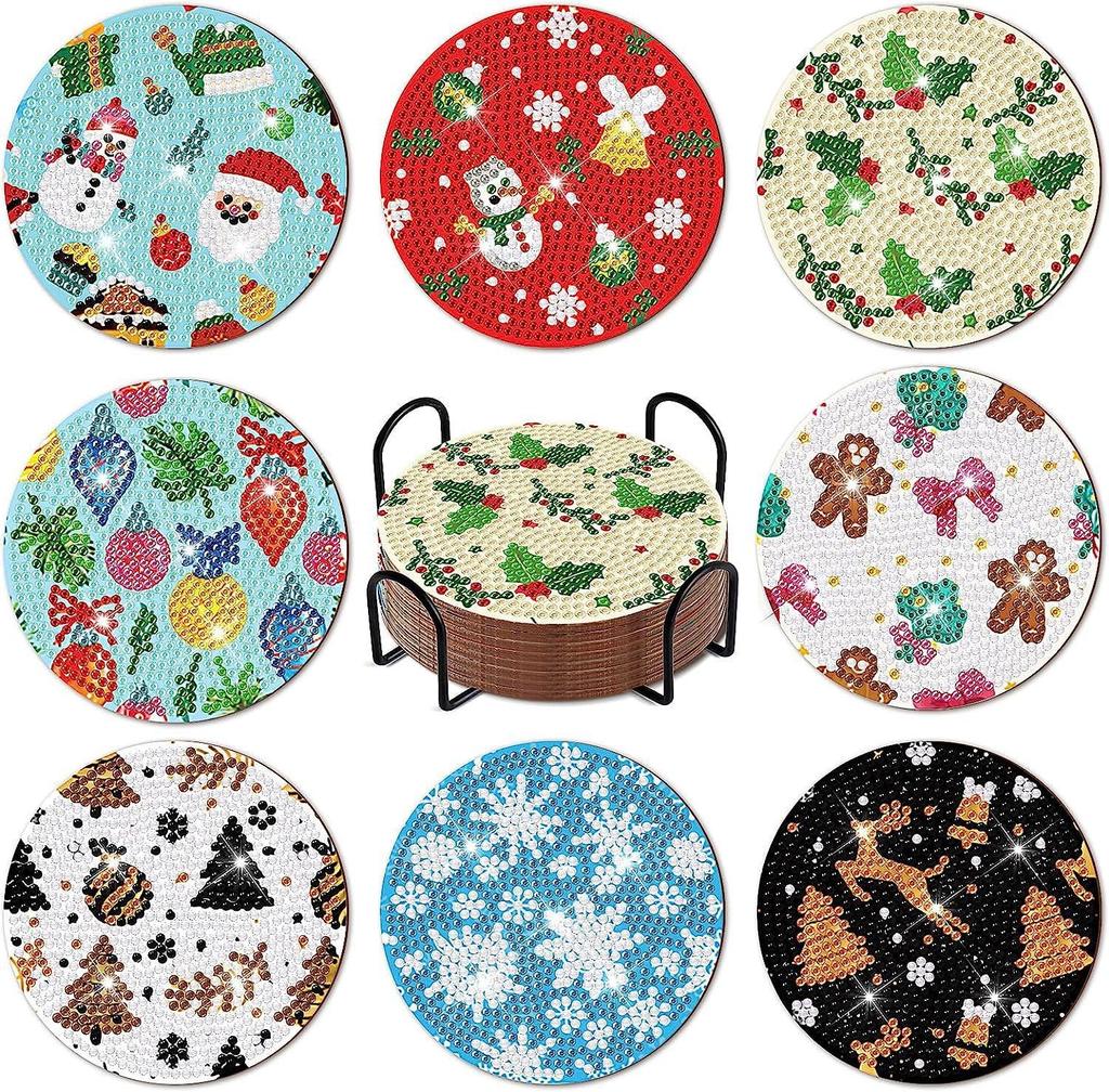 KAKISO 8 Pieces DIY 5D Diamond Painting Coasters with Craft Diamond Art Stand, Handmade Diamond Painting Coasters for Christmas Decoration, Snowman