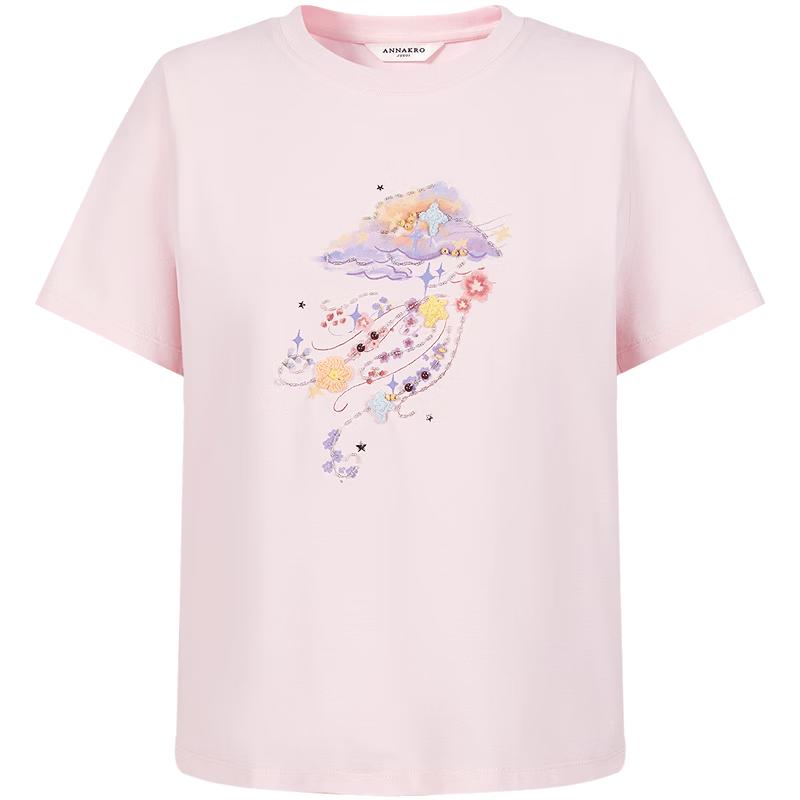 JUZI An'nakou Women's Casual Beaded Meteor Cloud Print Round Neck T-shirt
