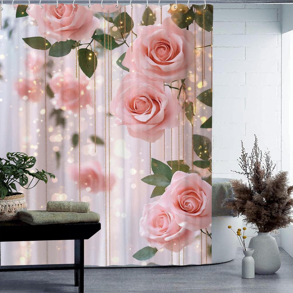 Water-Resistant Non-Woven Shower Curtain With Floral Rose Pattern, Artistic Design, Includes 12 Hooks For Home And Hotel, Machin