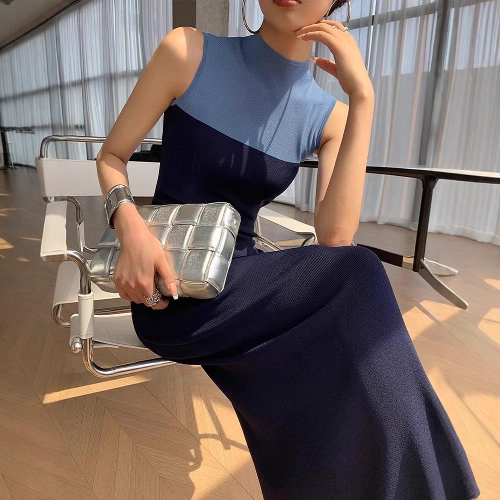 

Французский шик, цветной блок, приталенное миди-платье без рукавов - Летний стиль светской львицы One Size (Up to 125 lbs) синий