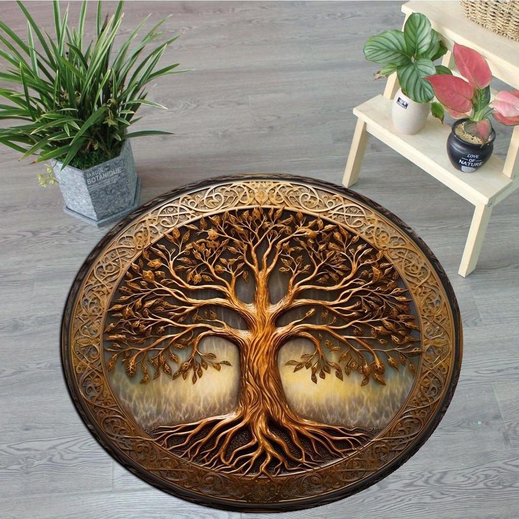 Tappeto Rotondo Albero della Vita - Tappetino Vellutato Antiscivolo con Intricato Design Dorato, Poliestere per Decorazione Soggiorno & Hotel