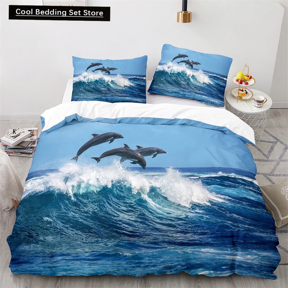 Delfin Bettbezug King Queen Größe Liebliches Meeresleben Bettwäscheset für Kinder Jungen Mädchen Niedliches Ozeantier 2/3-teilig Polyester Steppdeckenbezug