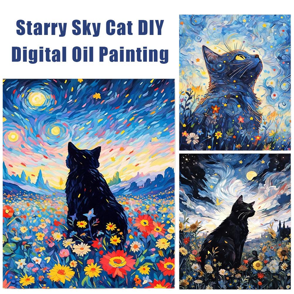 Paint By Numbers Kit For Adults Beginner Black Cat Acrylic Starry Sky Oil Paint Canvas With Brushes Paintwork Art Crafts V3Z5