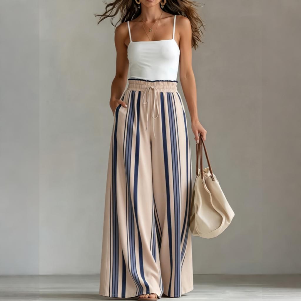 Women Casual Wide Leg Pants Elastic Waist Drawstring Striped Straight Leg Trousers Loose Fit Comfortable Bottoms for Everyday Wear