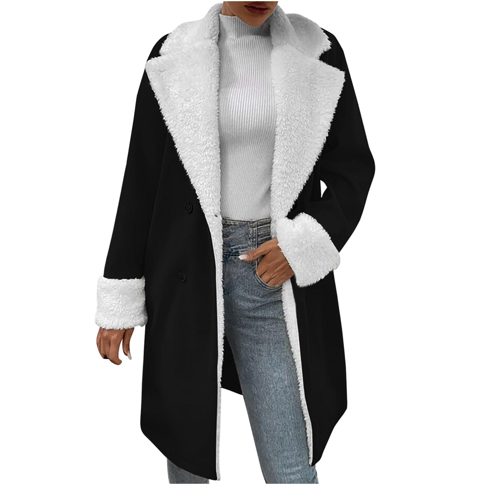 

Женское длинное пальто из замшевого флиса на зиму 2025 года, двубортное пальто оверсайз с плюшевой отделкой и ретро лацканами с насечкой, для делового повседневного гардероба L чёрный