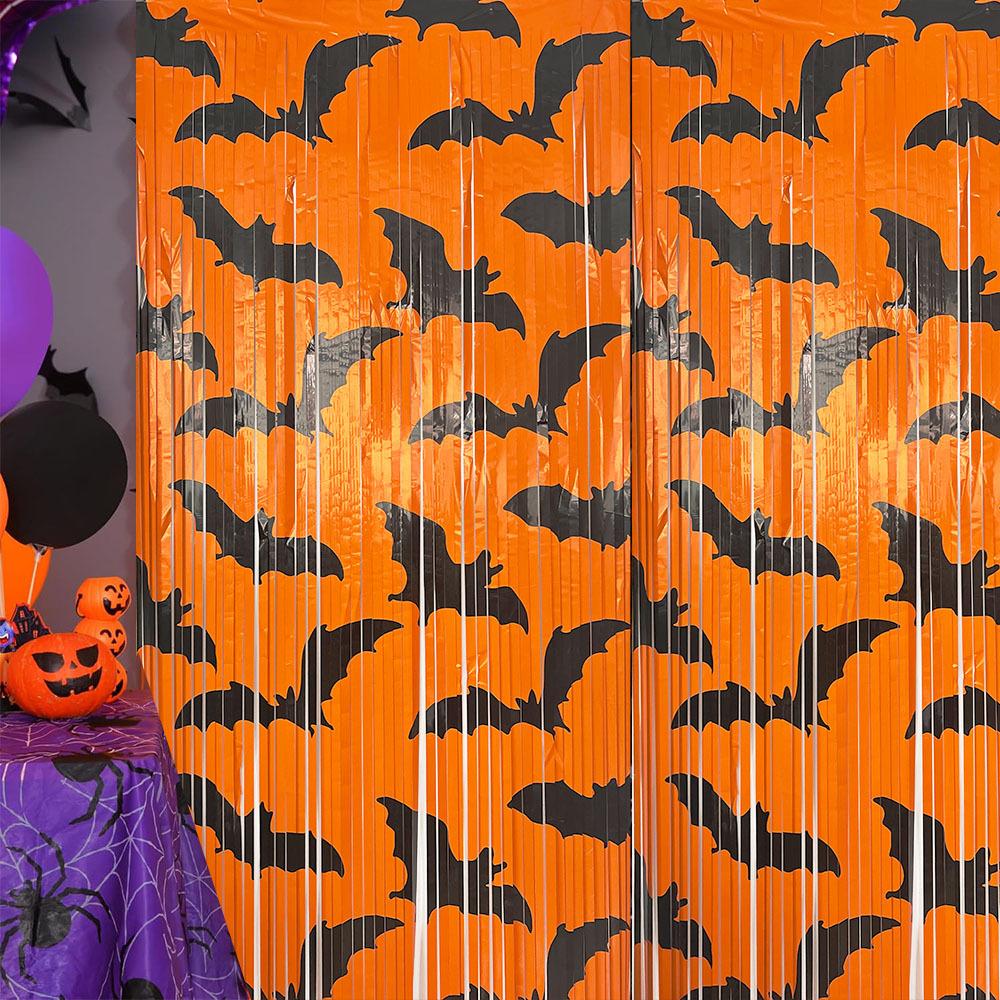 2pcs 1x2m Halloween Backdrop Pumpkin Bat Rain Silk Curtain self-adhesive Orange Photo Backdrop Streamer for Halloween Decoration